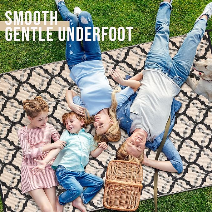 OLANLY Reversible Outdoor Rug 6x9 ft Clearance, Waterproof Outdoor Plastic Straw Rug with Interlacing Pattern, RV Mat for Patio, Camping, Balcony, Deck, Backyard, Black & Beige