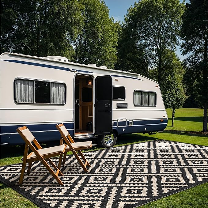 GENIMO Outdoor Rug for Patio Clearance, 10'x14' Waterproof Large Camping Mat, Reversible Plastic Straw Rugs for RV, Camper, Balcony, Backyard, Picnic, Deck (Black & Beige)