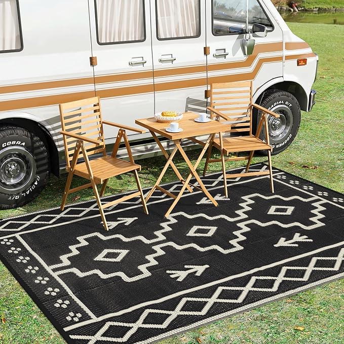 Uphome Outdoor Plastic Straw Rug 6x9 ft, Reversible Waterproof Outdoor Rug Carpet, Black Boho Patio Rug, RV Camping Rug for Outside, Indoor Outdoor Area Rug for Backyard Deck Balcony Picnic, 6'x9'