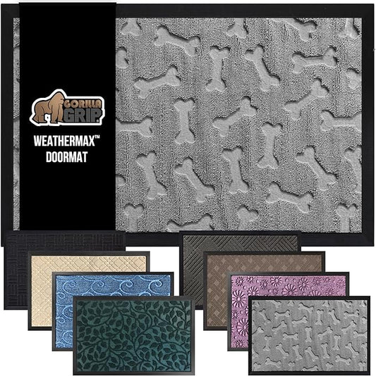 GORILLA GRIP 100% Waterproof All-Season WeatherMax Doormat, 47x35, Durable Natural Rubber, Stain and Fade Resistant, Low Profile Indoor Outdoor Door Mats, Easy Clean Patio Entry Mat, Light Gray Bones