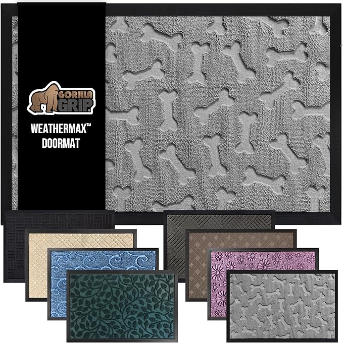 GORILLA GRIP 100% Waterproof All-Season WeatherMax Doormat, 23x35, Durable Natural Rubber, Stain and Fade Resistant, Low Profile, Indoor Outdoor Doormats, Easy Clean Patio Entry Mat, Light Gray Bones