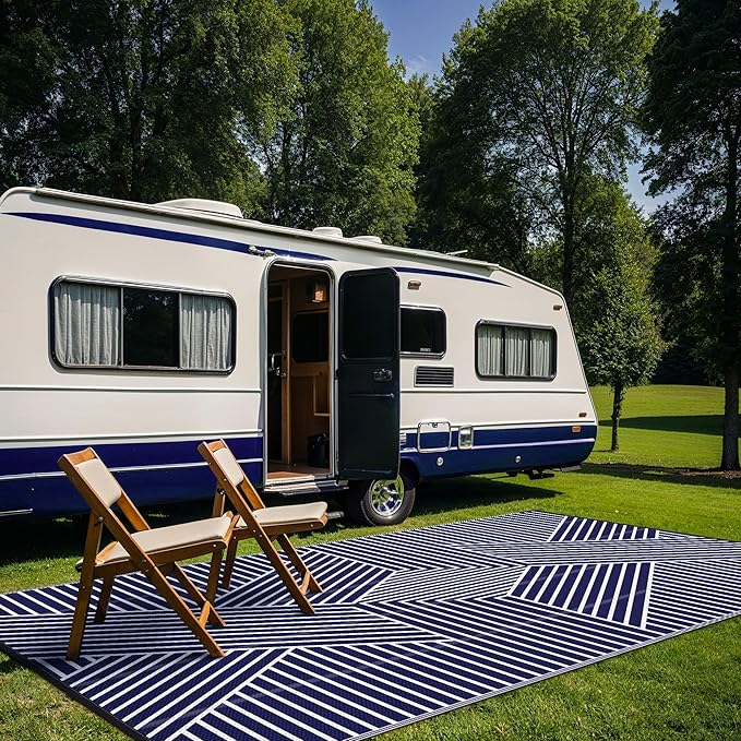 GENIMO Outdoor Rug 6'x9' for Patio Waterproof Clearance, Reversible Outdoor Plastic Straw Rug, Lightweight Carpet Camping Mat for Rv, Camper, Picnic, Balcony, Backyard, Deck, Porch, Blue & White