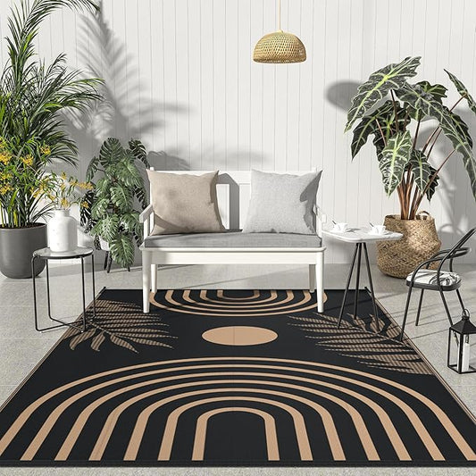 GENIMO Outdoor Rug 5' x 8' Waterproof for Patios Clearance, Reversible Outdoor Plastic Straw Camping Rug Carpet, Large Area Rugs Mats for RV, Camper, Deck, Balcony, Porch, Beach, Picnic, Black&Brown
