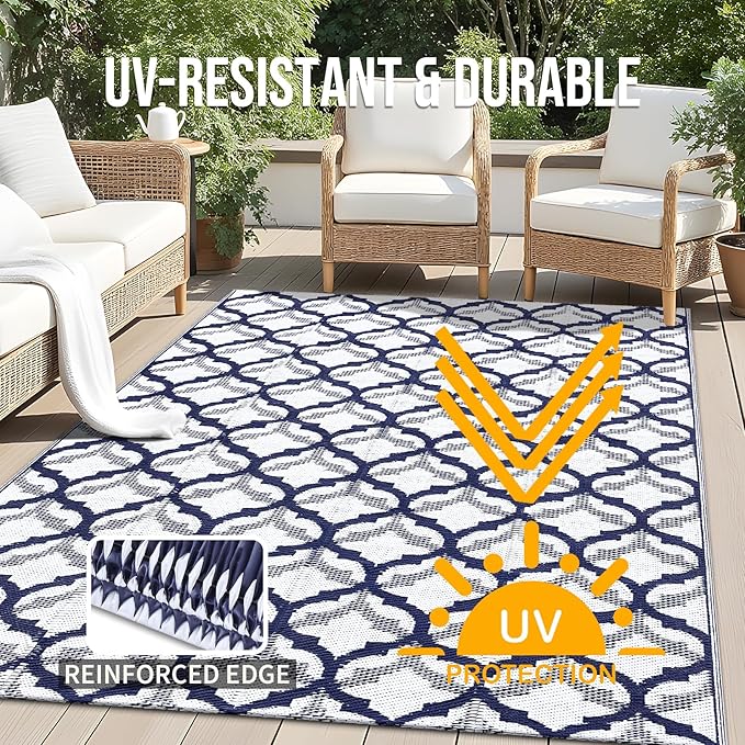 OLANLY Reversible Outdoor Rug 5x8 ft Clearance, Waterproof Outdoor Plastic Straw Rug with Interlacing Pattern, RV Mat for Patio, Camping, Balcony, Deck, Backyard, Navy & White