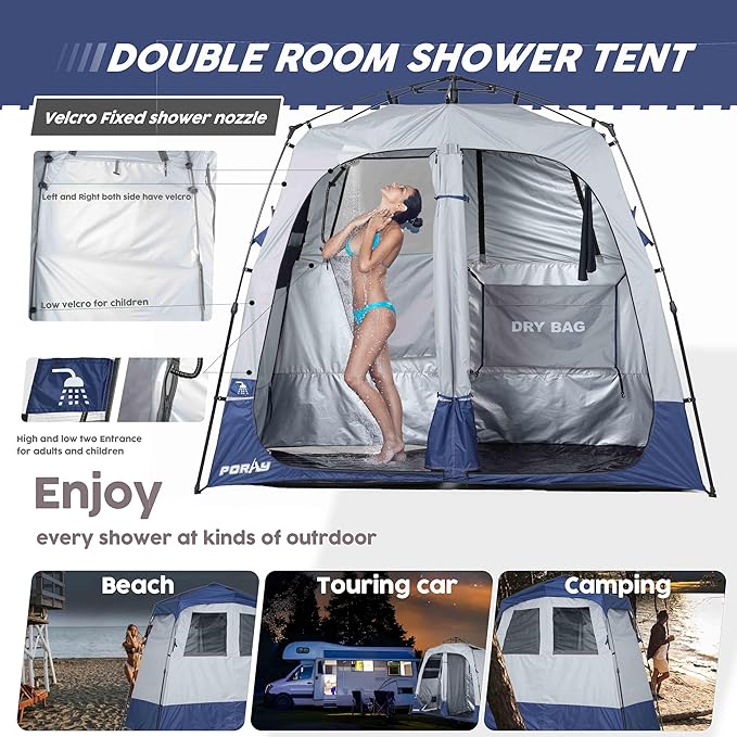 Camping Shower Tent Deluxe Changing Room Easy Set Up Privacy Shelter,Large Toilet Tent 2 Rooms with Floor Drain Design for Beach, Camping,Hiking with Stakes and Ropes for Stability