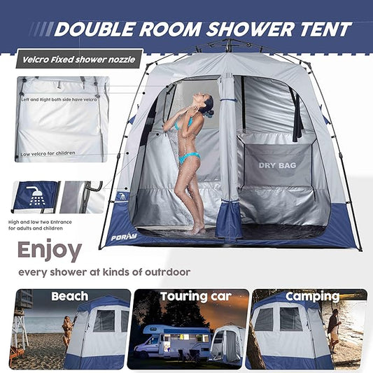 Camping Shower Tent Deluxe Changing Room Easy Set Up Privacy Shelter,Large Toilet Tent 2 Rooms with Floor Drain Design for Beach, Camping,Hiking with Stakes and Ropes for Stability