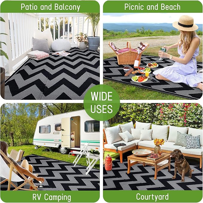 Easy-Going Reversible Outdoor Rugs 5x8ft Waterproof Plastic Straw Rug Stain & UV Resistant Floor Mat for Patio Porch RV Backyard Pool Deck Picnic Beach Trailer Camping (Waved Black & Grey)