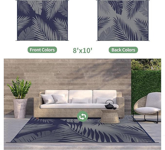 GENIMO Outdoor Rug 8' x 10' Waterproof for Patios Clearance, Reversible Outdoor Plastic Straw Camping Rug Carpet, Large Area Rugs Mats for RV, Camper, Deck, Balcony, Porch, Beach, Navy Blue&Grey