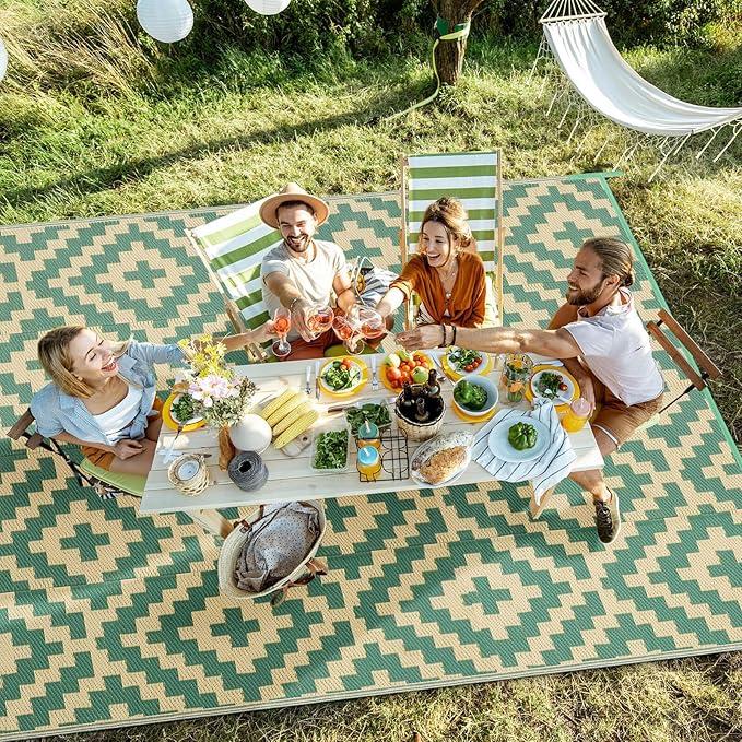 Outdoor Patio Plastic Straw Rug - 5'x8' Outdoor Camping Rug Waterproof Reversible, Area Carpet Patios Clearance RV, Outside Porch Balcony Deck for Camper, Green & Yellow