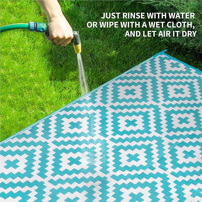 Outdoor Patio Plastic Straw Rug - 6'x9' Outdoor Camping Rug Waterproof Reversible, Area Carpet Patios Clearance RV, Outside Porch Balcony Deck for Camper, Blue & White