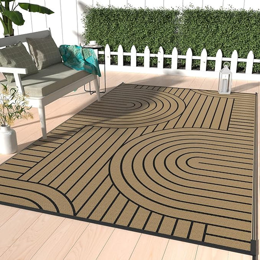 GENIMO Outdoor Rug 6'x9' Patio Waterproof, Lightweight Outdoor Plastic Straw Rug Clearance, Reversible Camping Mat Outdoor Carpet for RV, Picnic, Backyard, Deck, Balcony, Porch, Black & Brown