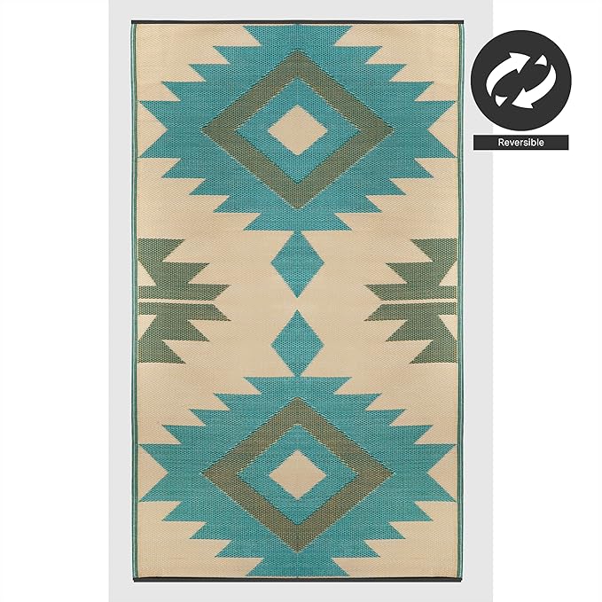 FH Home Outdoor Rug - Waterproof, Fade Resistant, Reversible - Premium Recycled Plastic - Geometric - Porch, Deck, Balcony, Mudroom, Laundry Room, Patio - Bursa Kilim - Teal Crease Free - 3 x 5 ft