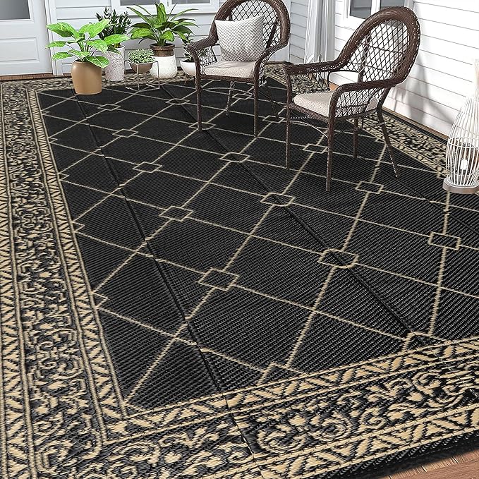 HEBE Outdoor Rug 9'x12' for Patios Waterproof Clearance Reversible Patio Mat Plastic Straw Rug RV Camping Mat Outside Area Rug Carpet for Camping RV,Porch,Deck,Balcony,Camper,Backyard