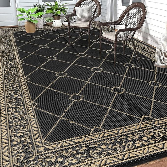 HEBE Outdoor Rug 9'x12' for Patios Waterproof Clearance Reversible Patio Mat Plastic Straw Rug RV Camping Mat Outside Area Rug Carpet for Camping RV,Porch,Deck,Balcony,Camper,Backyard
