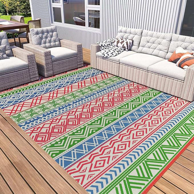 MontVoo Outdoor Rug Carpet 8x10 Waterproof-Patio Rug Mat Reversible RV Camping Rug Picnic Mat Plastic Straw Outside Rug for Balcony Porch Deck Beach-Boho Outdoor Area Rug for Patio Decor Colorful