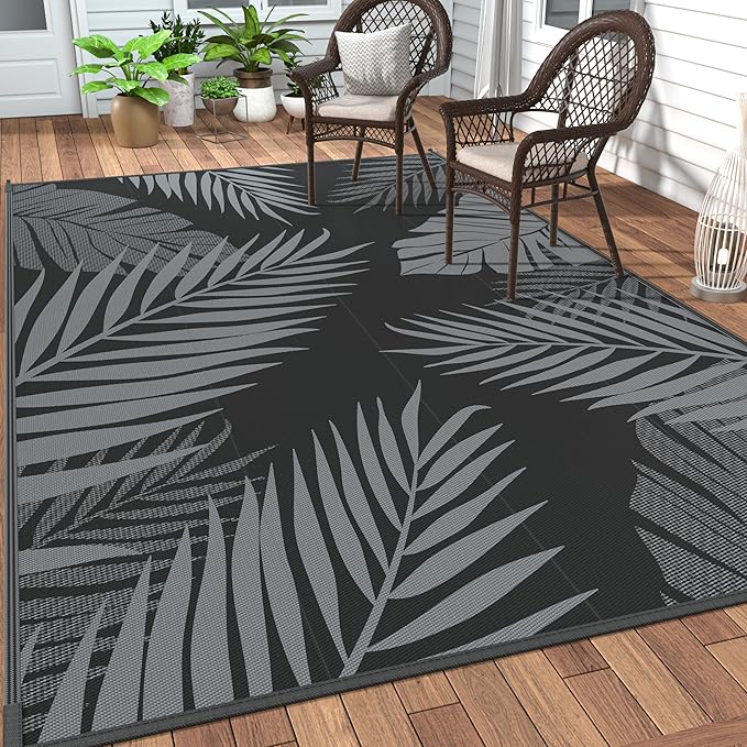 GENIMO Outdoor Rug 6' x 9' Waterproof for Patios Clearance, Reversible Outdoor Plastic Straw Camping Rug Carpet, Large Area Rugs Mats for RV, Camper, Deck, Balcony, Porch, Beach, Picnic, Black&Grey