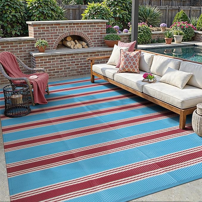 Lahome Striped Outdoor Plastic Straw Rug, Reversible Outdoor Rug Waterproof 9x12 Rugs for Patio, RV Camping Rug Picnic Mat Large Outside Carpet for Beach Deck Backyard Balcony(Blue/Red,9'x 12')