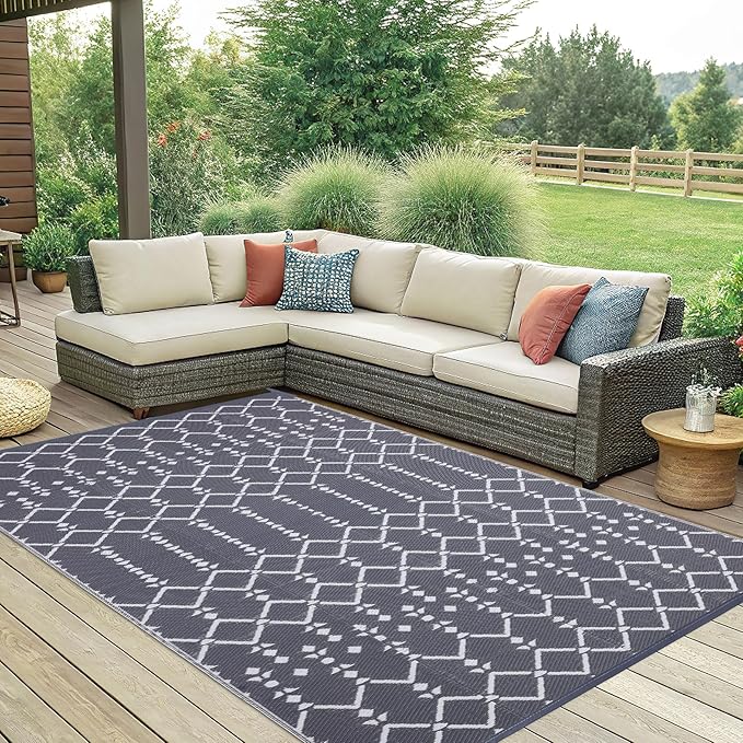 Smiry Outdoor Rug 6x9 ft, Waterproof Reversible Plastic Straw Rugs, Boho Outdoor Area Rug, Outside Floor Mat for Patio, Backyard, Deck, Picnic, Beach, Camping, Grey