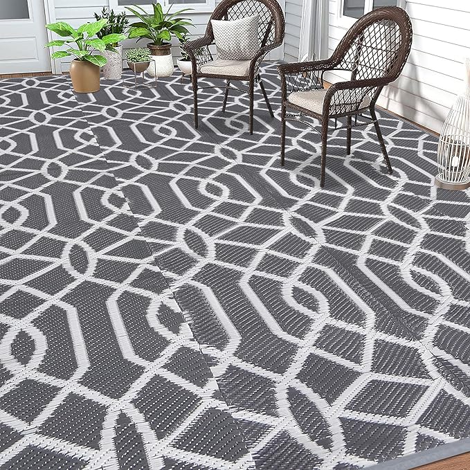 HEBE Outdoor Rug 9'x12' for Patios Waterproof Clearance Reversible Patio Mat Plastic Straw Rug RV Camping Mat Outside Area Rug Carpet for Camping RV,Porch,Deck,Balcony,Camper,Backyard