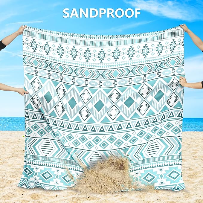 Beach Blanket, Sandproof Beach Mat, Waterproof Quick Drying Lightweight Outdoor Aztec Picnic Mat 79" X 83" for 2-4 Adults with Pocket for Travel, Camping, Hiking
