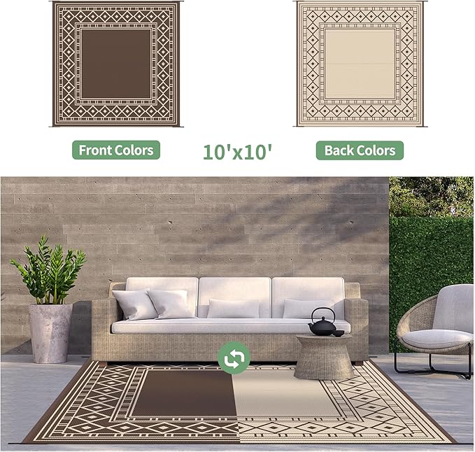 GENIMO Outdoor Rug Waterproof for Patio Decor, 10'x10' Foldable Reversible Plastic Straw Carpet, Outside Area Mat for Rv, Deck, Picnic, Porch, Camper, Balcony, Beach, Coffee & Beige