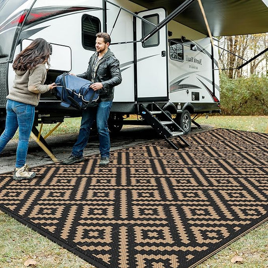 GENIMO Outdoor Rug for Patio Clearance, 8'x16' Waterproof Camping Mat, Reversible Plastic Straw Rugs for RV, Camper, Balcony, Backyard, Picnic, Deck, Black & Brown