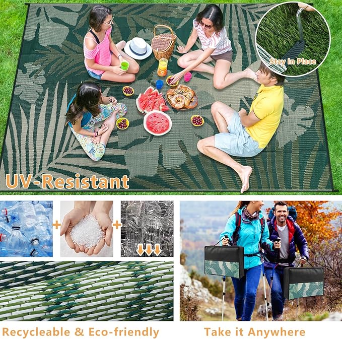 Homcomoda Outdoor Rugs 8’x10’ Waterproof Reversible Patio Rugs Outdoor Clearance Lightweight Outdoor Rugs Portable RV Camping Mats for Tents Deck Porch BBQ Beach Backyard