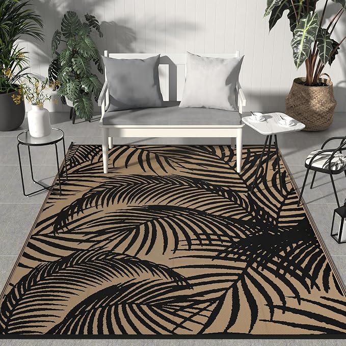GENIMO Outdoor Rug 9' x 12' Waterproof for Patio Clearance, Reversible Plastic Straw Camping Carpet, Lightweight Mats for Rv, Backyard, Deck, Porch, Picnic, Beach, Balcony, Black & Brown