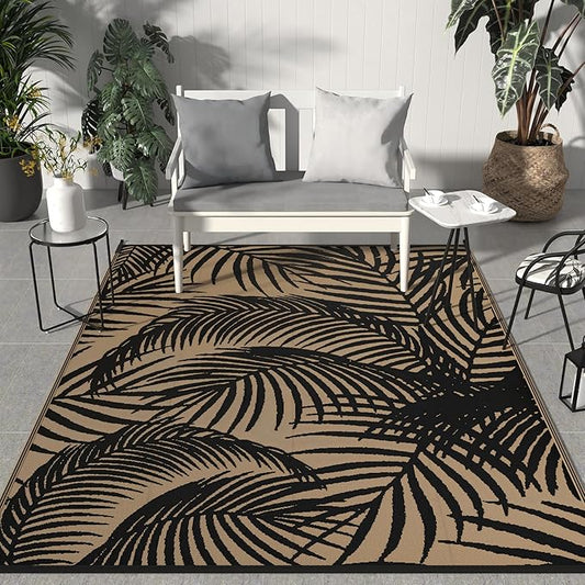 GENIMO Outdoor Rug 8' x 10' Waterproof for Patio Clearance, Reversible Plastic Straw Camping Carpet, Lightweight Mats for Rv, Backyard, Deck, Porch, Picnic, Beach, Balcony, Black & Brown