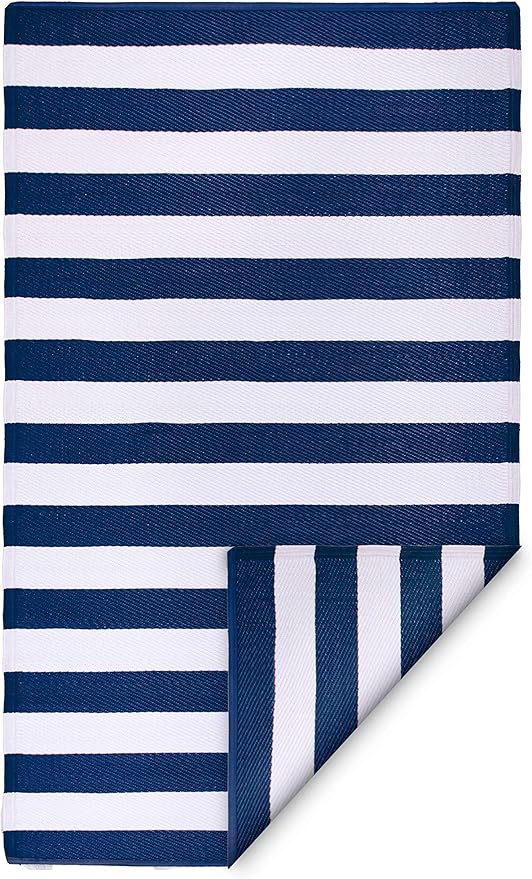 FH Home Outdoor Rug - Waterproof, Fade Resistant, Reversible - Premium Recycled Plastic - Striped - Large Patio, Deck, Sunroom, Camping, RV - Brittany Stripe - Blue & White Crease Free - 5 x 8 ft