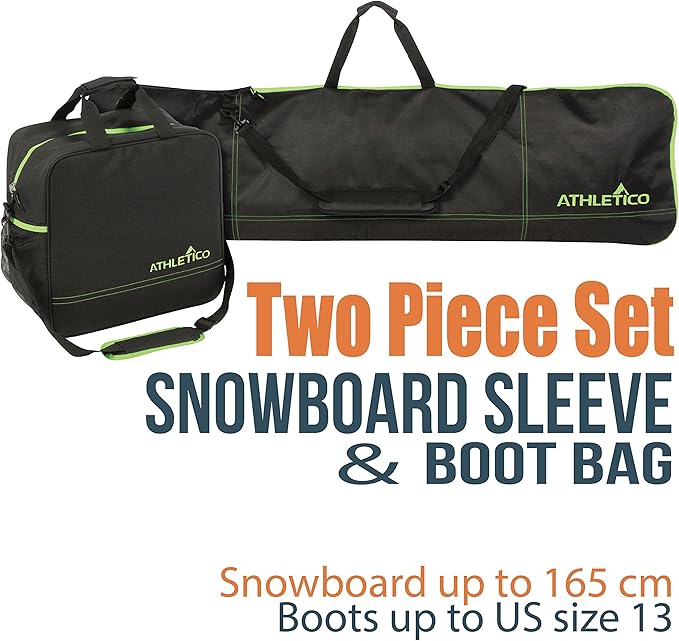 Athletico Two-Piece Snowboard and Boot Bag Combo | Store & Transport Snowboard Up to 165 CM and Boots Up To Size 13 | Includes 1 Snowboard Bag & 1 Boot Bag (Black)