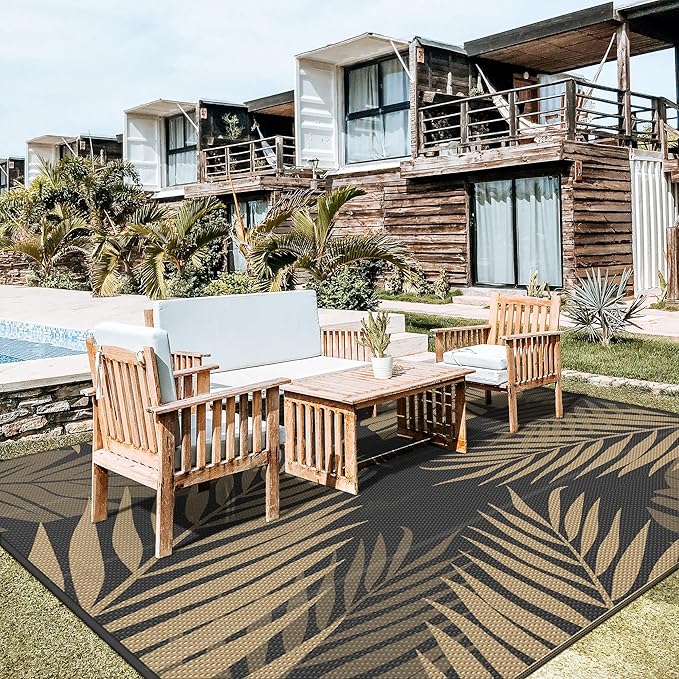 GENIMO Outdoor Rug 10' x 10' Waterproof for Patios Clearance, Reversible Outdoor Plastic Straw Camping Rug Carpet, Large Area Rugs Mats for RV, Camper, Deck, Balcony, Porch, Beach, Picnic, Black&Brown