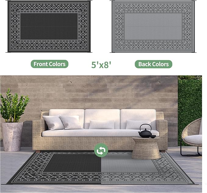 GENIMO Outdoor Rug 5'x8' Waterproof for Patio Decor, Reversible Outdoor Plastic Straw Rug Carpet, Camping Mats for Outdoor, RV, Backyard, Deck, Balcony, Picnic, Black & Grey