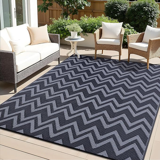 OLANLY Waterproof Outdoor Rug 6x9 ft Clearance, Reversible Outdoor Plastic Straw Rug, RV Mat, Indoor Outdoor Carpet for Patio, Camping, Balcony, Deck, Backyard, Black & Grey