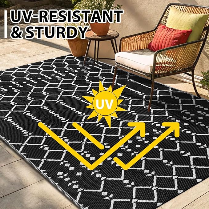 Smiry Outdoor Rug 6x9 ft, Waterproof Reversible Plastic Straw Rugs, Boho Outdoor Area Rug, Outside Floor Mat for Patio, Backyard, Deck, Picnic, Beach, Camping, Black