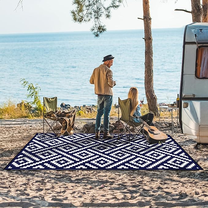 GENIMO Outdoor Rug 4x6 Waterproof, Reversible Mats, Outdoor Area Rug, Plastic Outside Carpet, Eeometric Rv Mat for Patio Camping Rv Picnic Backyard Deck Balcony Porch Beach Trailer(Navy Blue & White)
