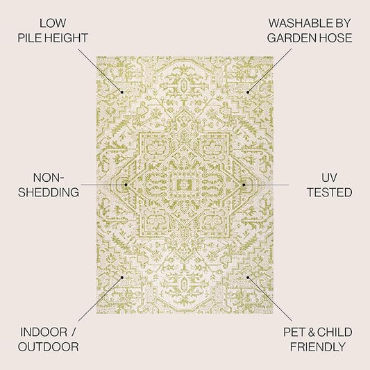JONATHAN Y SMB105E-5 Estrella Bohemian Medallion Textured Weave Indoor Outdoor Area Rug, Coastal,Traditional,Transitional Easy Clean,Bedroom,Kitchen,Backyard,Patio, Non-Shed, Cream/Green, 5 X 8