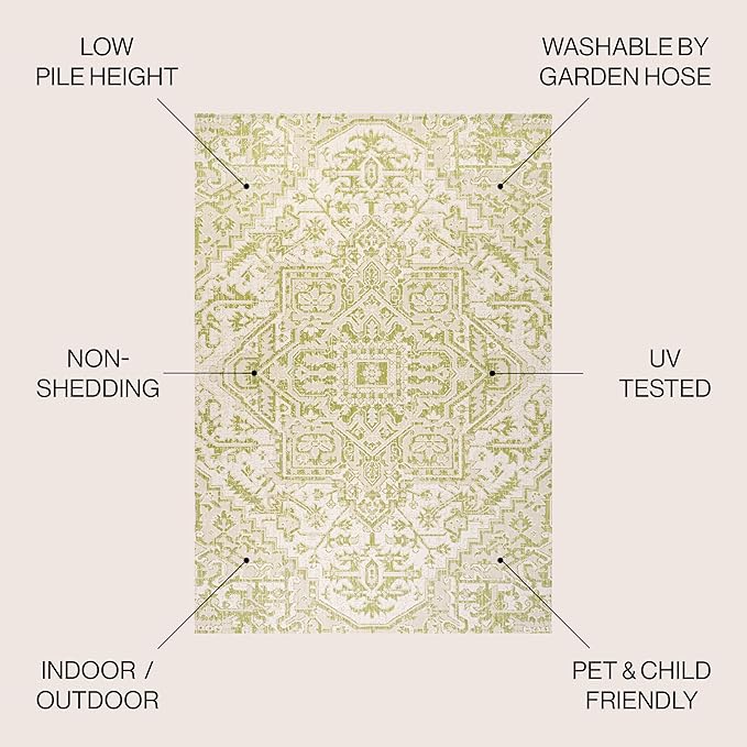 JONATHAN Y SMB105E-3 Estrella Bohemian Medallion Textured Weave Indoor Outdoor Area Rug, Coastal Traditional Transitional Easy Cleaning,Bedroom,Kitchen,Backyard,Patio,Non Shedding 3 X 5, Cream/Green