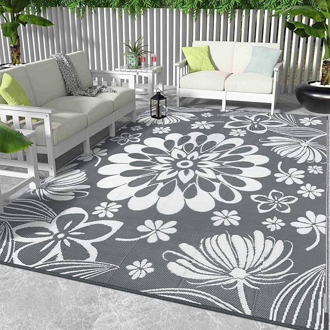 Ileading Outdoor Plastic Straw Rug 9x12ft Funny Floral Style Reversible Patio Area Rugs Waterproof Non Shedding Portable Carpets for Rv Outside Deck Pool Beach Picnic Camping (Grey)