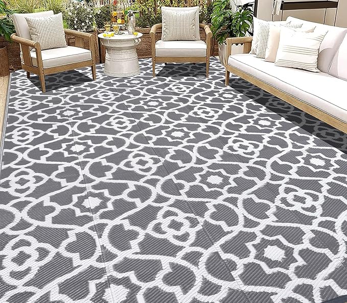 HEBE Outdoor Rug 9'x12' for Patios Waterproof Clearance Reversible Patio Mat Plastic Straw Rug RV Camping Mat Outside Area Rug Carpet for Camping RV,Porch,Deck,Balcony,Camper,Backyard