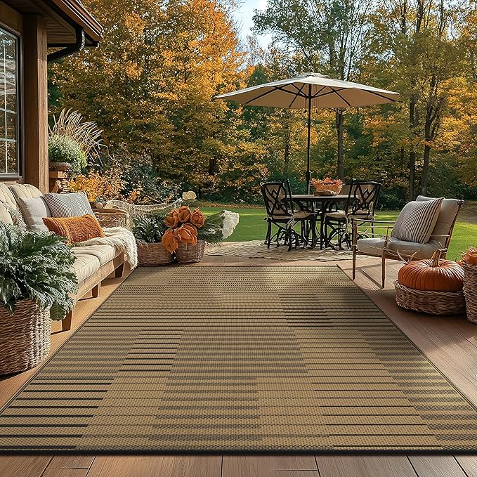 GENIMO Outdoor Rug for Patio Clearance, 6'x9' Waterproof Camping Mat, Reversible Plastic Straw Rugs for RV, Camper, Balcony, Backyard, Picnic, Deck (Black Brown)
