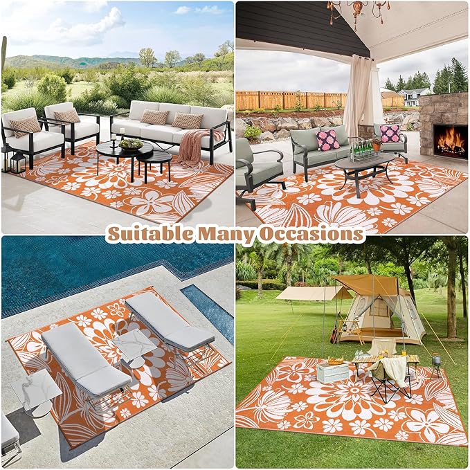 Ileading Outdoor Plastic Straw Rug 6x9ft Funny Floral Style Reversible Patio Area Rugs Waterproof Non Shedding Portable Carpets for Rv Outside Deck Pool Beach Picnic Camping (Orange)