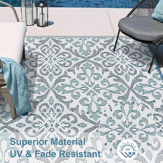 Lahome Waterproof Outdoor Plastic Straw Rug 5x8 Outside Carpet Waterproof Camping Mats Rugs, Reversible Floral Design Patio Rug for Porch Backyard Balcony Deck, Blue & White