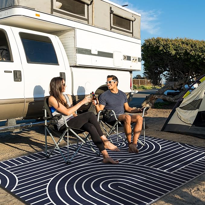 GENIMO Outdoor Rug 6'x9' Patio Waterproof, Lightweight Outdoor Plastic Straw Rug Clearance, Reversible Camping Mat Outdoor Carpet for RV, Picnic, Backyard, Deck, Balcony, Porch, Blue & White