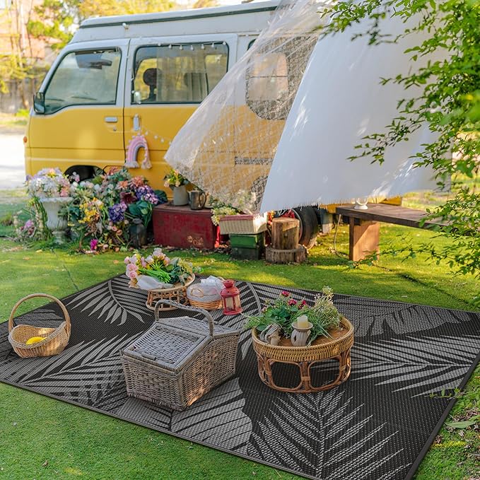 GENIMO Outdoor Rug 8' x 10' Waterproof for Patios Clearance, Reversible Outdoor Plastic Straw Camping Rug Carpet, Large Area Rugs Mats for RV, Camper, Deck, Balcony, Porch, Beach, Picnic, Black&Grey