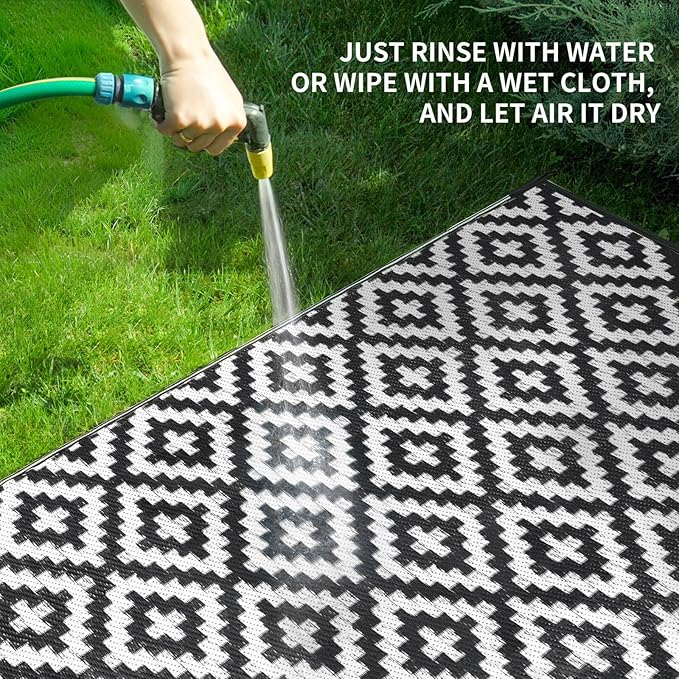 Outdoor Patio Plastic Straw Rug - 9'x12' Outdoor Camping Rug Waterproof Reversible, Area Carpet Patios Clearance RV, Outside Porch Balcony Deck for Camper, Black & White