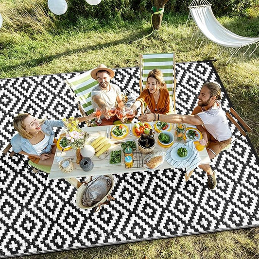 Outdoor Patio Plastic Straw Rug - 6'x9' Outdoor Camping Rug Waterproof Reversible, Area Carpet Patios Clearance RV, Outside Porch Balcony Deck for Camper, Black & White