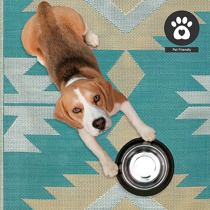 FH Home Outdoor Rug - Waterproof, Fade Resistant, Reversible - Premium Recycled Plastic - Geometric - Patio, Deck, Porch, Balcony - Bursa Kilim - Teal Crease Free - 6 x 9 ft