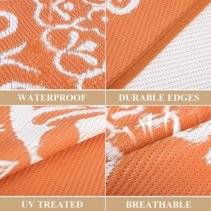 Pauwer Waterproof Outdoor Rug 8x10, Reversible Plastic Straw Patio Camping Rug, Indoor Outdoor RV Mat Carpet for Deck, Camper, Porch, Balcony, Backyard, Picnic, Floral Orange