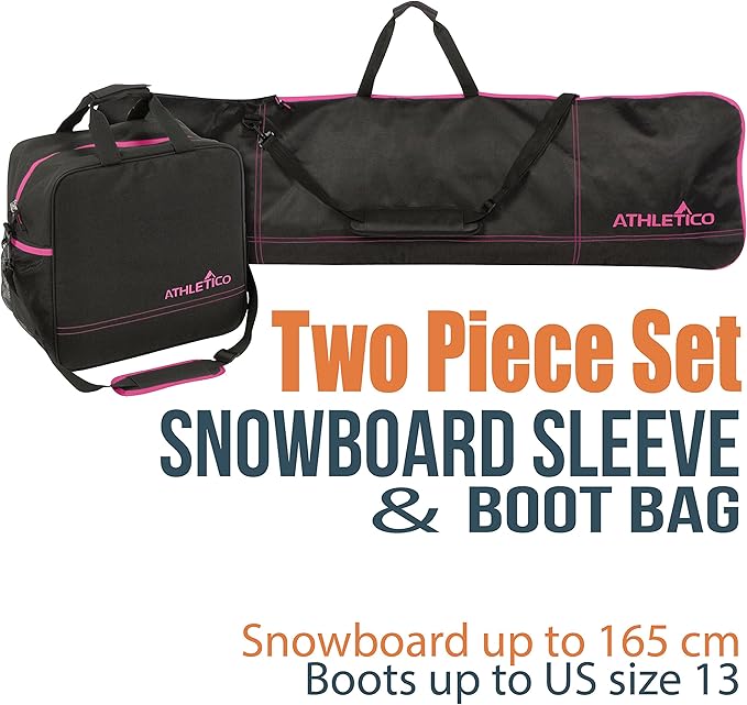 Athletico Two-Piece Snowboard and Boot Bag Combo | Store & Transport Snowboard Up to 165 CM and Boots Up To Size 13 | Includes 1 Snowboard Bag & 1 Boot Bag (Black)